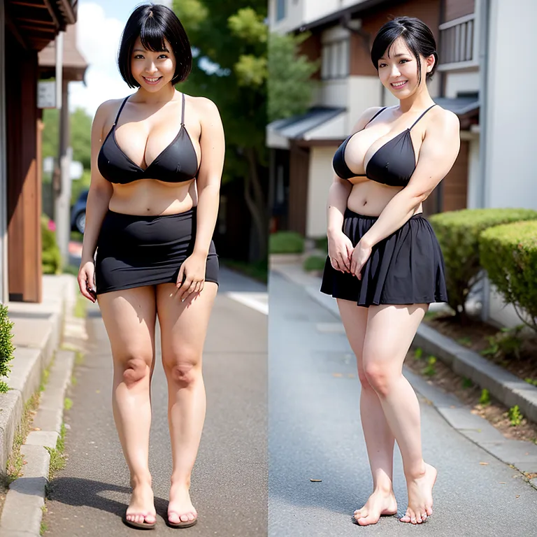<lora:Japanese2:0.45>, japanese,woman,twenties,short hair,double tail,black hair,bangs,brown eyes,beautiful,(smile),huge breasts,huge ass,fat,abs,cleavage,strapless,nightgown,micro skirt,standing,night,street,front view,full body,(adult:1.5)