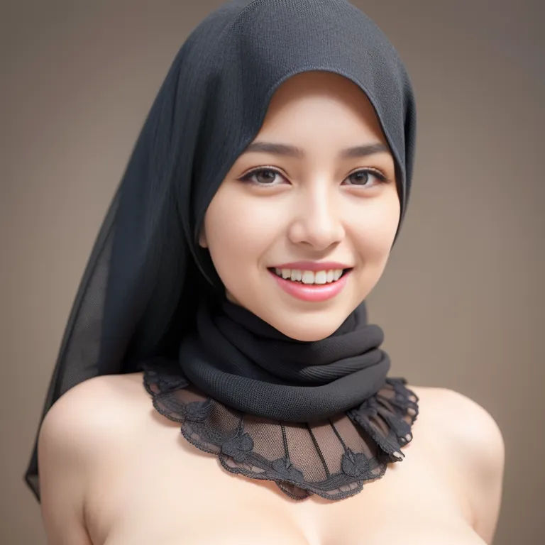 woman,twenties,(RAW photo, best quality, masterpiece:1.1), (realistic, photo-realistic:1.2), ultra-detailed, ultra high res, physically-based rendering,large forehead,black eyes,beautiful,(grin:1.2),Looking at viewer,perfect body,hijab,necklace,nude,standing,stage,front view,Upper body,(adult:1.5)