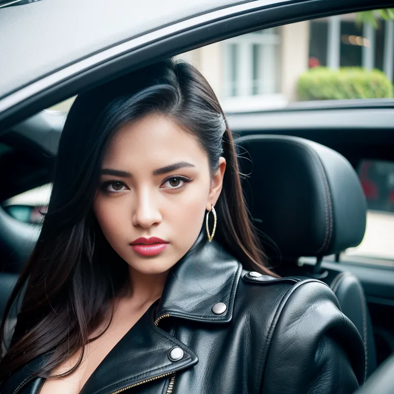 <lora:Chinese:0.45>,woman,twenties,(RAW photo, best quality, masterpiece:1.1), (realistic, photo-realistic:1.2), ultra-detailed, ultra high res, physically-based rendering,slicked back,beautiful,seductive,perfect body,cleavage,earings,leather,Black coat,night,car,front view,portrait,(adult:1.5)