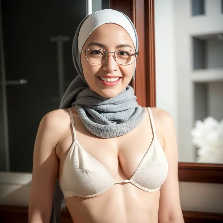 <lora:Chinese3:0.6>,woman,elder,(RAW photo, best quality, masterpiece:1.1), (realistic, photo-realistic:1.2), ultra-detailed, ultra high res, physically-based rendering,beautiful,(grin:1.2),Looking at viewer,normal breasts,medium ass,perfect body,hijab,scarf,silver eyeglasses,White bra,White panties,daytime,office,front view,full body,(adult:1.5)
