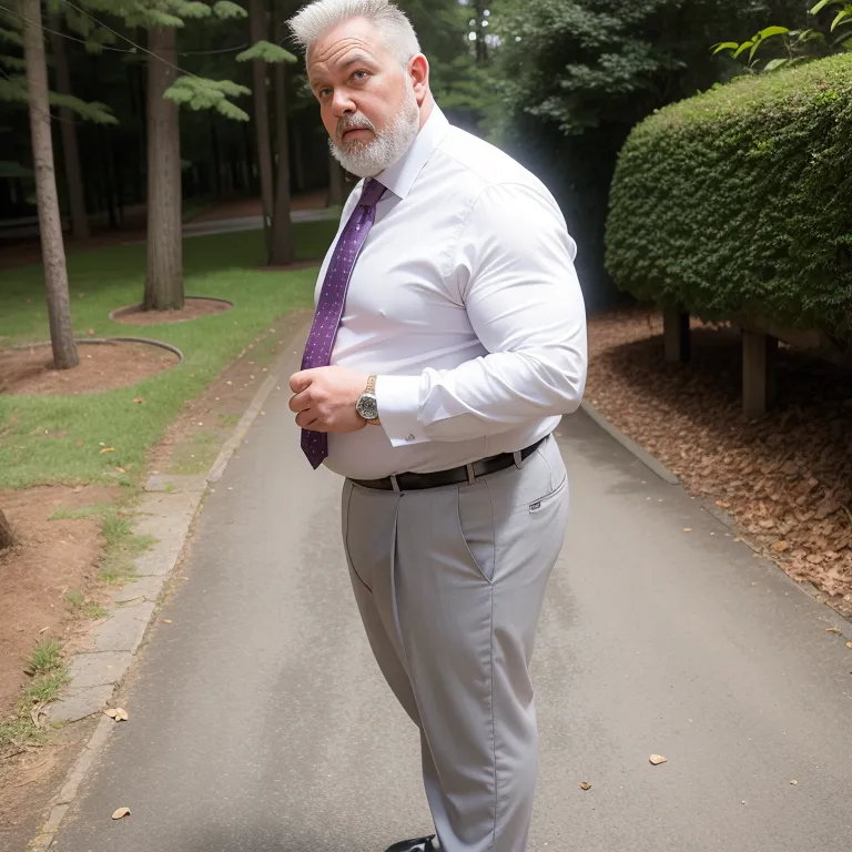 manly man,elder,grey hair,Looking at viewer,fat,stocking,(silk),suit,white shirt,shower,daytime,sun,forest,from side,full body,(adult:1.5)