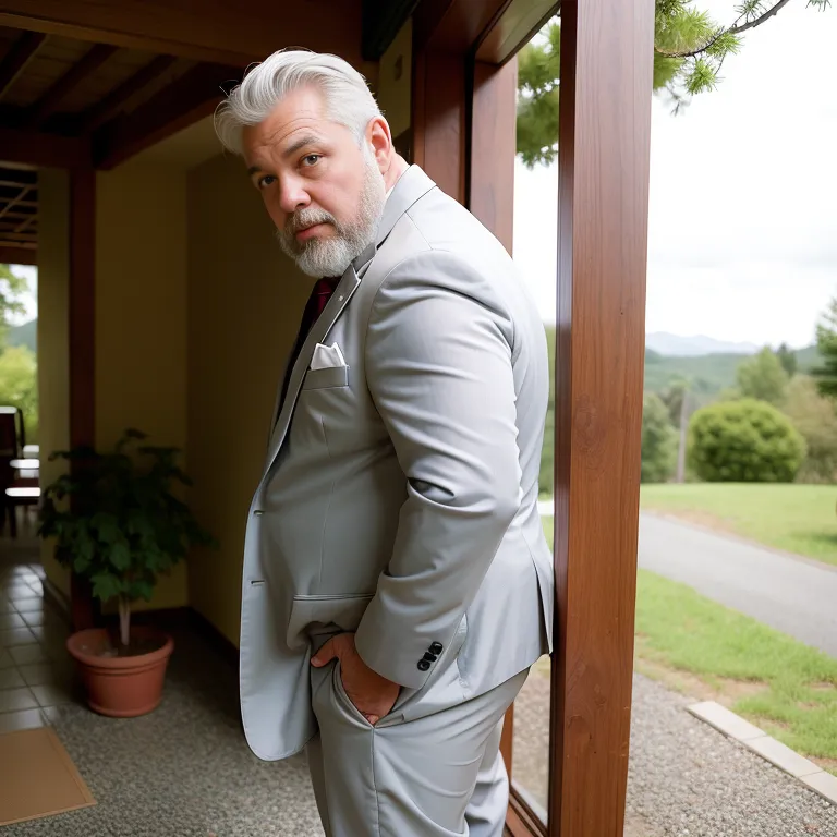 manly man,elder,grey hair,Looking at viewer,fat,stocking,(silk),suit,white shirt,shower,daytime,sun,forest,from side,full body,(adult:1.5)