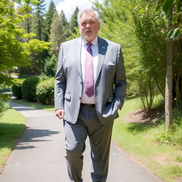 manly man,elder,grey hair,Looking at viewer,fat,stocking,(silk),suit,white shirt,shower,daytime,sun,forest,front view,full body,(adult:1.5)
