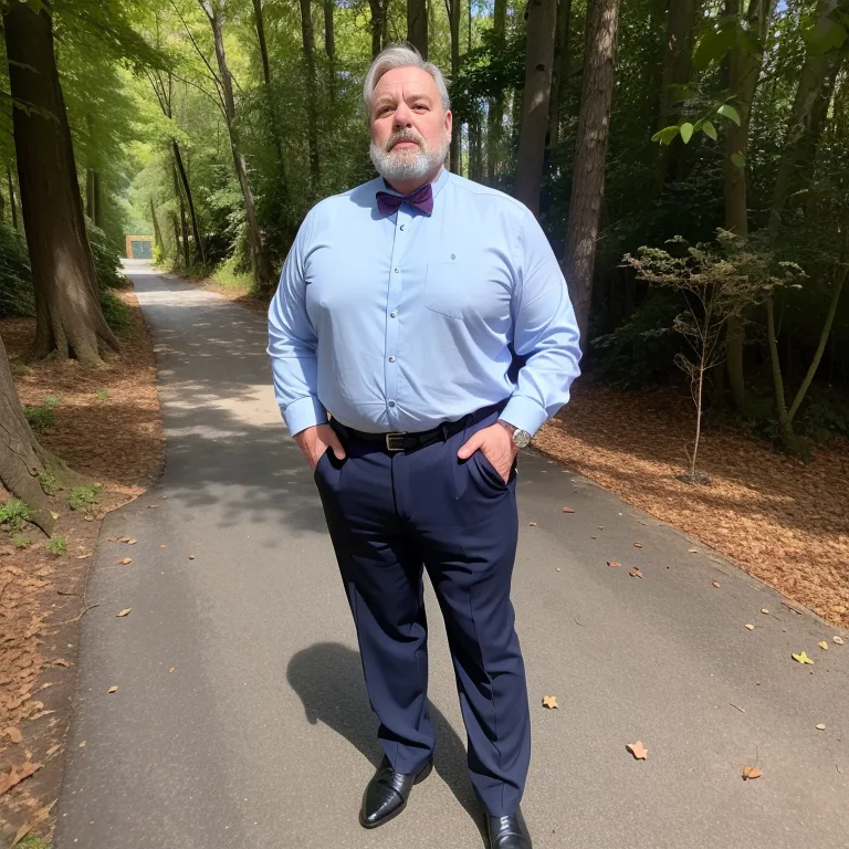 manly man,aging,grey hair,Looking at viewer,fat,stocking,(silk),long sleeves,suit,blue shirt,yoga,daytime,sun,forest,front view,full body,(adult:1.5)