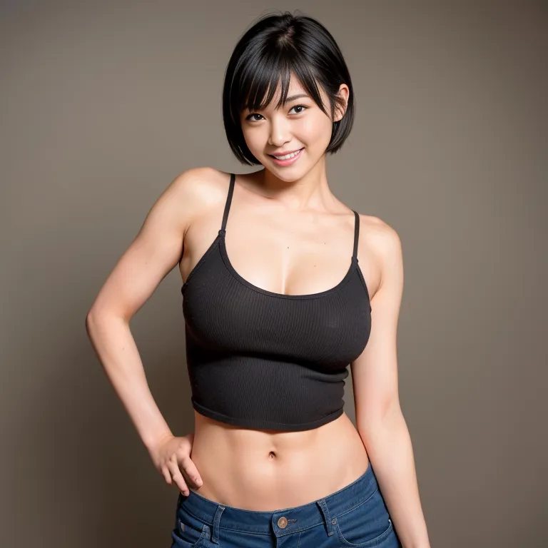 <lora:Japanese5e-41e-4:0.4>, japanese,woman,thirties,(RAW photo, best quality, masterpiece:1.1), (realistic, photo-realistic:1.2), ultra-detailed, ultra high res, physically-based rendering,short hair,pixie cut,black hair,beautiful,(smile),huge breasts,perfect body,nude,jeans,standing,reception,front view,full body,(adult:1.5)