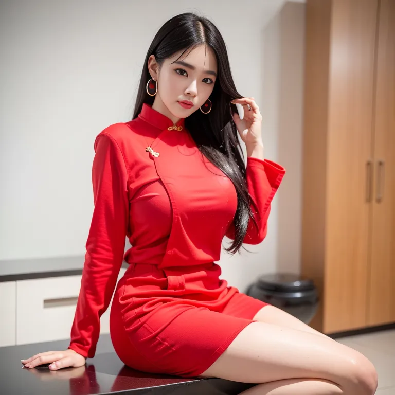 <lora:korean_n2:0.5>,korean,woman,twenties,(RAW photo, best quality, masterpiece:1.1), (realistic, photo-realistic:1.2), ultra-detailed, ultra high res, physically-based rendering,long hair,slicked back,black hair,black eyes,beautiful,seductive,(aegyo sal),Looking at viewer,huge breasts,huge ass,perfect body,(wet:1.1),high socks,earings,(silk),long sleeves,qipao, chinese clothes,red shirt,Red mini skirt,spread legs,daytime,sun,kitchen,front view,full body,(adult:1.5)