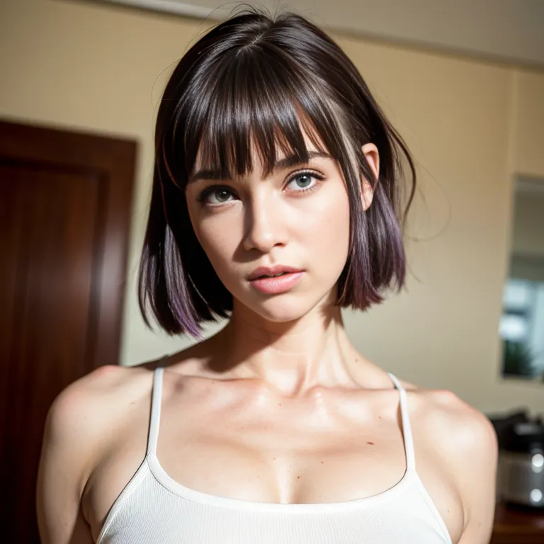 <lora:White_v4:0.3>,white people,woman,twenties,(RAW photo, best quality, masterpiece:1.1), (realistic, photo-realistic:1.2), ultra-detailed, ultra high res, physically-based rendering,short hair,frizzy hair,purple hair,bangs,(adult:1.5)