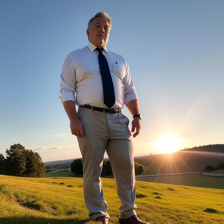manly man,aging,Looking at viewer,fat,stocking,(silk),suit,white shirt,standing,daytime,sun,(meadow:1.2),(rim light:1.5),from side,full body,(adult:1.5)