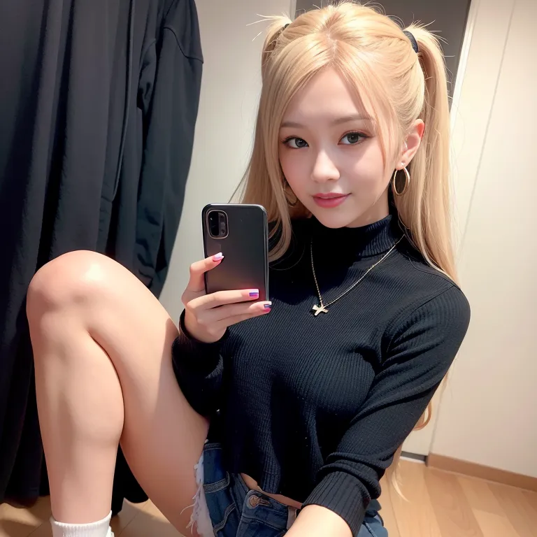 hkgirl, (kpop idol), <lora:HongKong:0.5>,woman,twenties,(RAW photo, best quality, masterpiece:1.1), (realistic, photo-realistic:1.2), ultra-detailed, ultra high res, physically-based rendering,long hair,double tail,white hair,hair behind ear,beautiful,(smile),Looking at viewer,normal breasts,medium ass,perfect body,choker,high socks,boots,midriff,earings,long sleeves,casual clothing,Black sweater,micro skirt,squatting,changing room,front view,upper body, selfie, holding phone, phone, cellphone, looking at viewer,(adult:1.5)