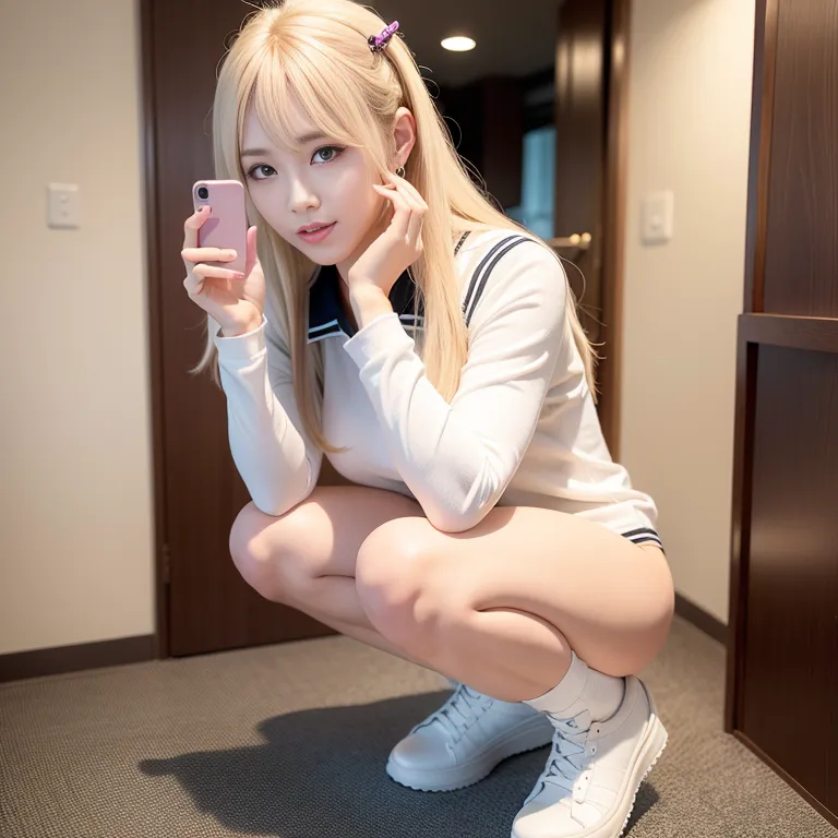 hkgirl, (kpop idol), <lora:HongKong:0.5>,woman,twenties,(RAW photo, best quality, masterpiece:1.1), (realistic, photo-realistic:1.2), ultra-detailed, ultra high res, physically-based rendering,long hair,double tail,white hair,hair behind ear,beautiful,(smile),Looking at viewer,normal breasts,medium ass,perfect body,tie,high socks,boots,earings,long sleeves,sailor,micro skirt,squatting,bathroom,front view,upper body, selfie, holding phone, phone, cellphone, looking at viewer,(adult:1.5)
