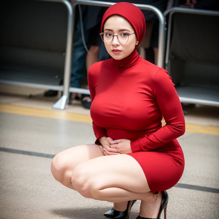 <lora:Chinese3:0.6>,woman,twenties,(RAW photo, best quality, masterpiece:1.1), (realistic, photo-realistic:1.2), ultra-detailed, ultra high res, physically-based rendering,beautiful,Looking at viewer,huge breasts,perfect body,pregnant,hijab,black eyeglasses,Red dress,squatting,daytime,sun,stage,from above,full body,(adult:1.5)