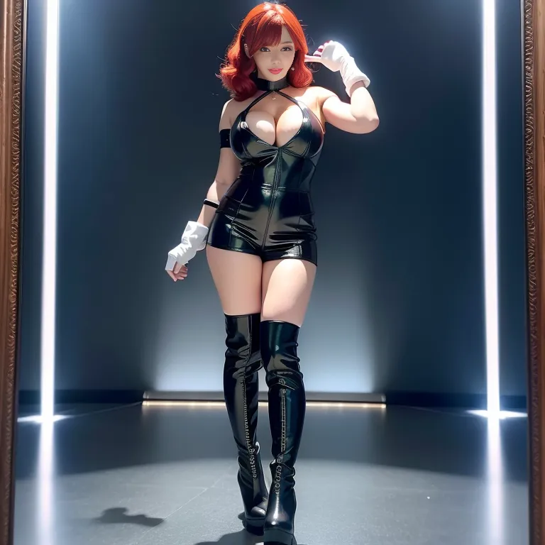 <lora:chinese_4:0.5>,woman,twenties,spiralcurl,red hair,red eyes,beautiful,(smile),huge breasts,choker,gloves,thigh socks,boots,cleavage,earings,leather,short sleeves,sailor,blue jacket,standing,sea,(rim light:1.5),front view,full body,(adult:1.5)