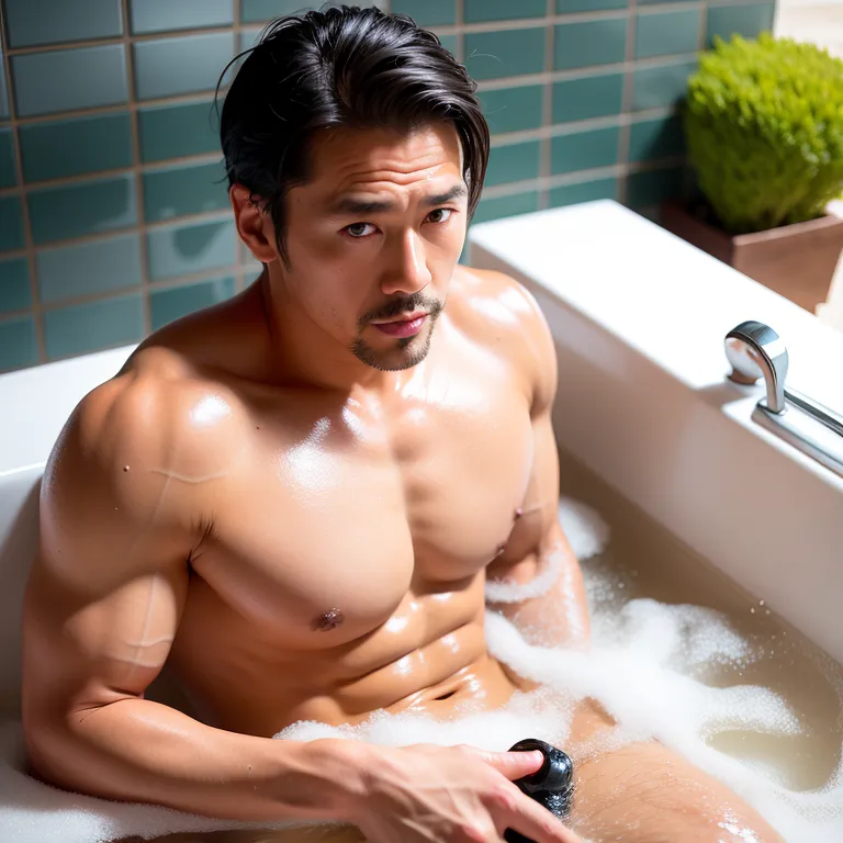 <lora:Japanese5:0.6>, japanese,manly man,thirties,black eyes,beautiful,cool,perfect body,(tan:1.2),(wet:1.1),abs,nude,having sex, blowjob,daytime,sun,(in bath tub), water,front view,full body,(adult:1.5)