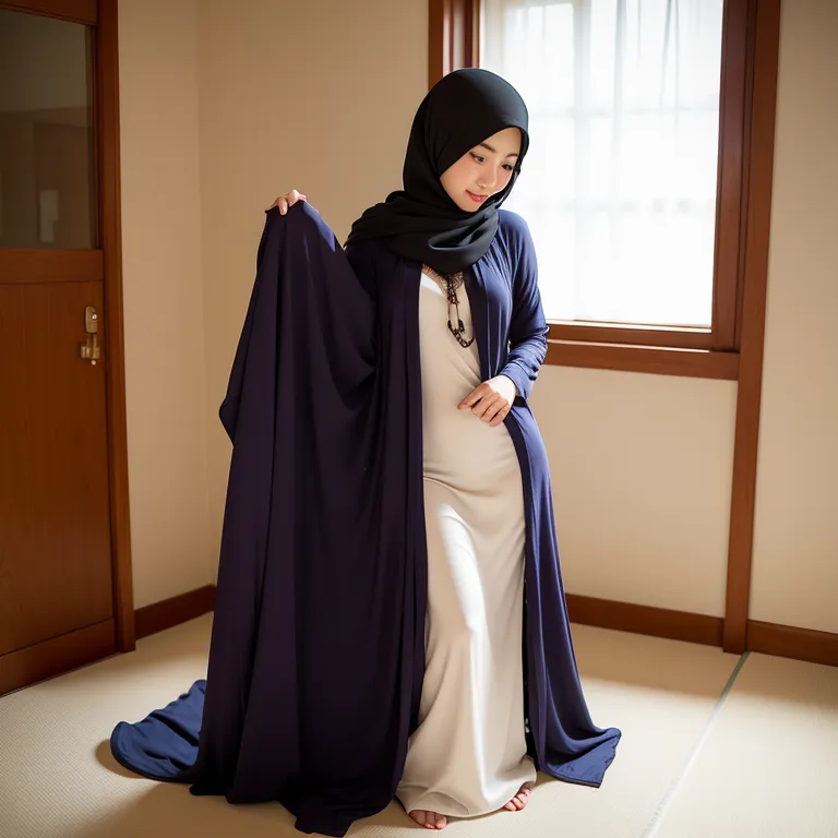 <lora:Japanese:0.35>, japanese,woman,twenties,blue eyes,beautiful,shocked,Looking at another,normal breasts,medium ass,perfect body,hijab,long sleeves,sheath dress,having sex, blowjob,night,bedroom,front view,full body,(adult:1.5)