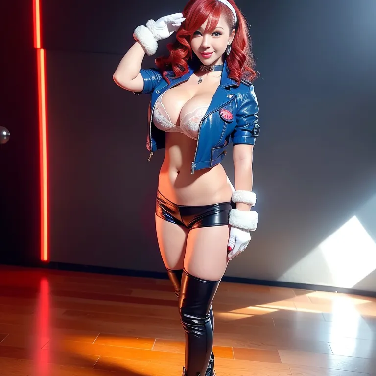 <lora:chinese_4:0.5>,woman,twenties,spiralcurl,red hair,red eyes,beautiful,(smile),huge breasts,choker,gloves,thigh socks,boots,cleavage,earings,leather,short sleeves,sailor,blue jacket,standing,sea,(rim light:1.5),front view,full body,(adult:1.5)