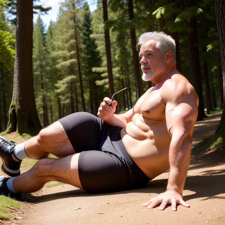 manly man,aging,grey hair,fat,abs,stocking,(silk),suit,sleeping,daytime,sun,forest,(rim light:1.5),from side,full body,(adult:1.5)
