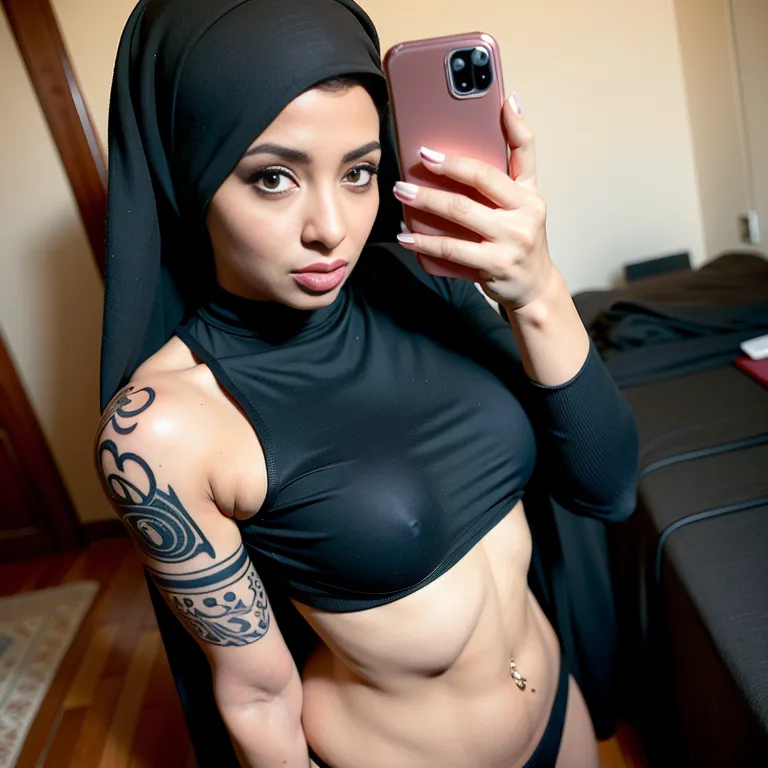 <lora:Arabs_2:0.5>, Arabs,woman,twenties,large forehead,black eyes,beautiful,angry,side eye,normal breasts,huge ass,perfect body,tattoo,abs,niqab,from side,upper body, selfie, holding phone, phone, cellphone, looking at viewer,(adult:1.5)