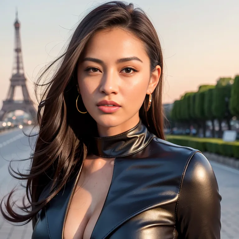 <lora:Chinese:0.45>,woman,twenties,(RAW photo, best quality, masterpiece:1.1), (realistic, photo-realistic:1.2), ultra-detailed, ultra high res, physically-based rendering,slicked back,brown eyes,beautiful,seductive,perfect body,cleavage,earings,leather,long sleeves,trench coat,night,in front of eiffel tower,front view,Upper body,(adult:1.5)