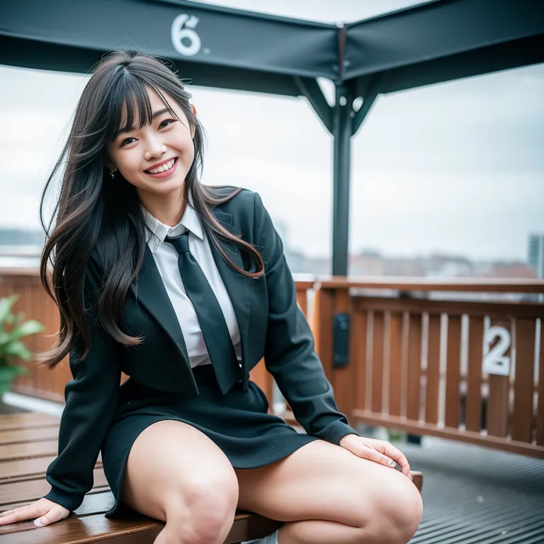 <lora:Chinese:0.45>,woman,twenties,(RAW photo, best quality, masterpiece:1.1), (realistic, photo-realistic:1.2), ultra-detailed, ultra high res, physically-based rendering,long hair,bangs,(grin:1.2),medium ass,tie,high socks,nude,black jacket,Black mini skirt,spread legs,public plaza,full body,(adult:1.5)
