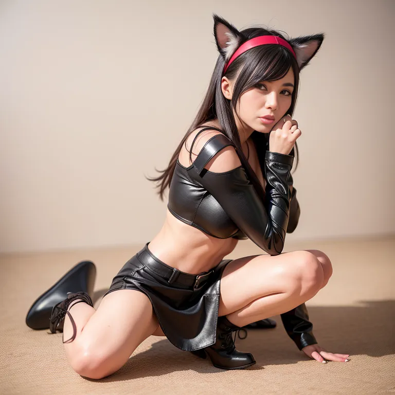 woman,thirties,(RAW photo, best quality, masterpiece:1.1), (realistic, photo-realistic:1.2), ultra-detailed, ultra high res, physically-based rendering,(cat ears headband, fake animal ears),gloves,boots,leather,long sleeves,bikini,Red mini skirt,(adult:1.5)