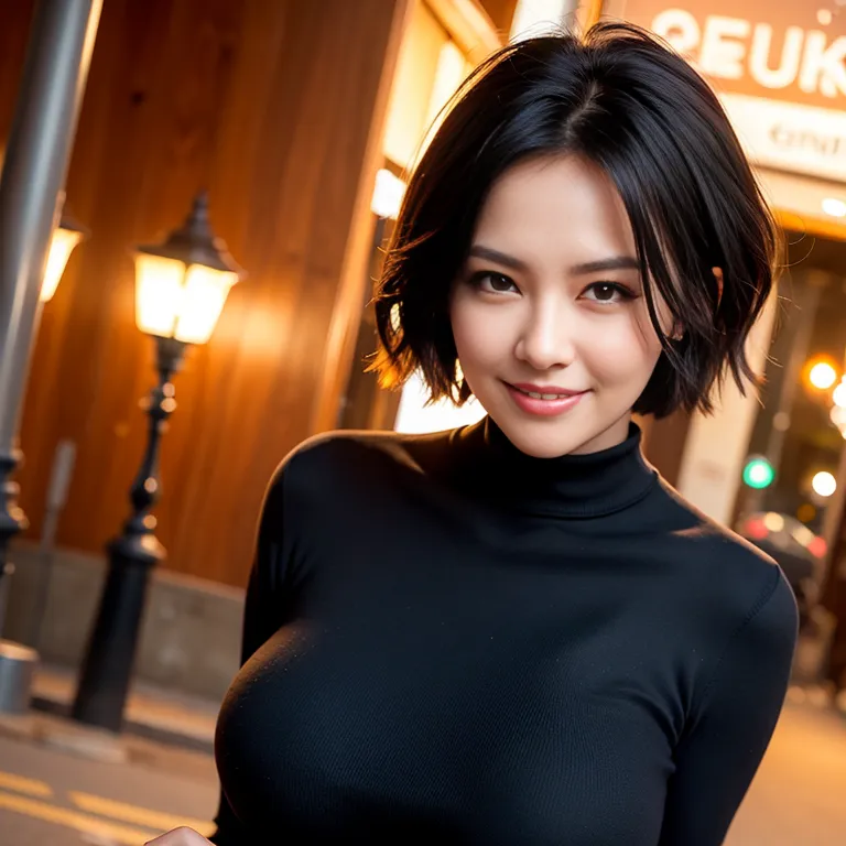 <lora:Chinese:0.45>,woman,elder,short hair,messy hair,black hair,hair behind ear,beautiful,(grin:1.2),Looking at viewer,huge breasts,huge ass,perfect body,cleavage,(fabric),long sleeves,western clothing,Black sweater,bending over,night,moon,street,(rim light:1.5),front view,Upper body,(adult:1.5)