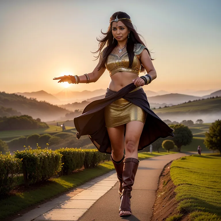 <lora:Indian:0.45>, Indian, brown skin, facial mark,woman,elder,(RAW photo, best quality, masterpiece:1.1), (realistic, photo-realistic:1.2), ultra-detailed, ultra high res, physically-based rendering,viking helmet,gloves,jumping,daytime,sun,reception,diffuse Lighting,front view,full body,(adult:1.5)