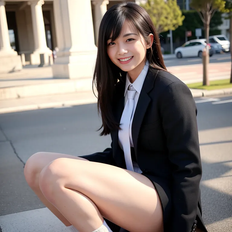 <lora:Chinese:0.45>,woman,twenties,(RAW photo, best quality, masterpiece:1.1), (realistic, photo-realistic:1.2), ultra-detailed, ultra high res, physically-based rendering,long hair,bangs,(grin:1.2),medium ass,tie,high socks,nude,black jacket,Black mini skirt,spread legs,public plaza,full body,(adult:1.5)