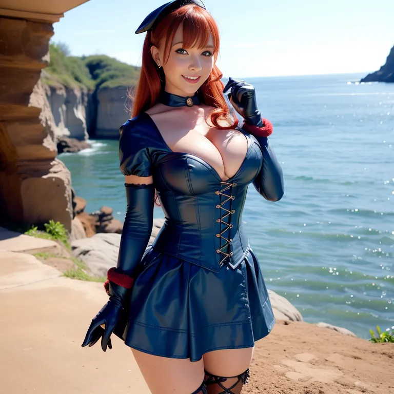 <lora:chinese_4:0.5>,woman,twenties,(RAW photo, best quality, masterpiece:1.1), (realistic, photo-realistic:1.2), ultra-detailed, ultra high res, physically-based rendering,spiralcurl,red hair,blue eyes,(smile),huge breasts,tie,gloves,stocking,boots,cleavage,earings,sailor,corset,Blue mini skirt,standing,cliff,full body,(adult:1.5)