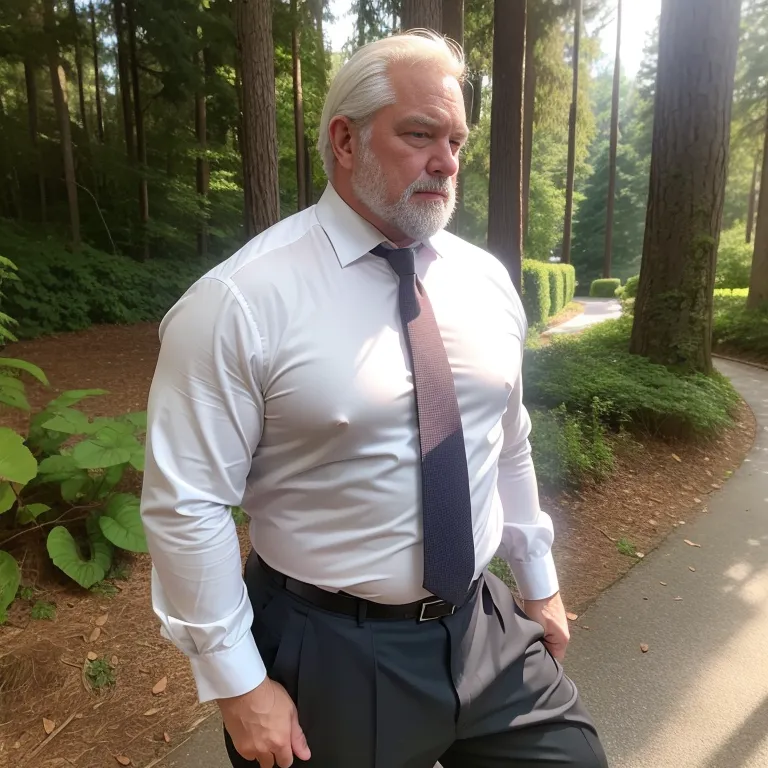 manly man,aging,grey hair,fat,abs,stocking,(silk),suit,white shirt,sleeping,daytime,sun,forest,(rim light:1.5),full body,(adult:1.5)