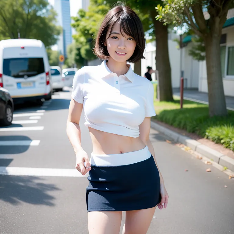 <lora:japanese_m1:0.5>, japanese,woman,twenties,(RAW photo, best quality, masterpiece:1.1), (realistic, photo-realistic:1.2), ultra-detailed, ultra high res, physically-based rendering,short hair,frizzy hair,black hair,black eyes,beautiful,(smile),normal breasts,medium ass,perfect body,tie,high socks,(fabric),short sleeves,sailor,white shirt,Blue mini skirt,standing,daytime,(city:1.2), street,full body,(adult:1.5)