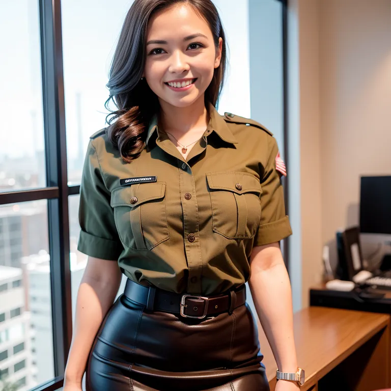 woman,thirties,beautiful,(smile),perfect body,military,micro skirt,standing,office,(adult:1.5)