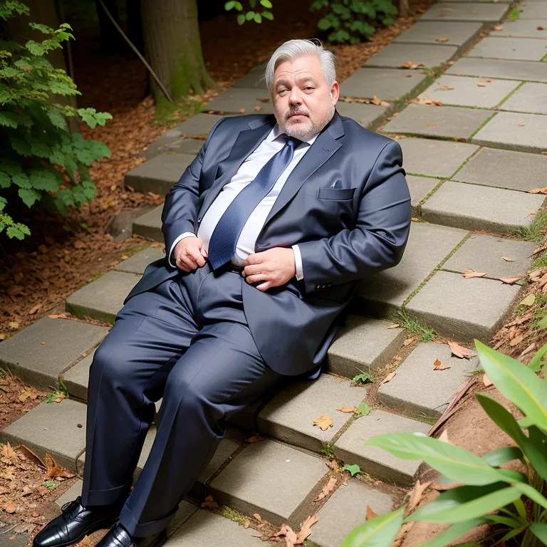 manly man,aging,grey hair,fat,stocking,(silk),suit,sleeping,daytime,sun,forest,(rim light:1.5),from above,full body,(adult:1.5)