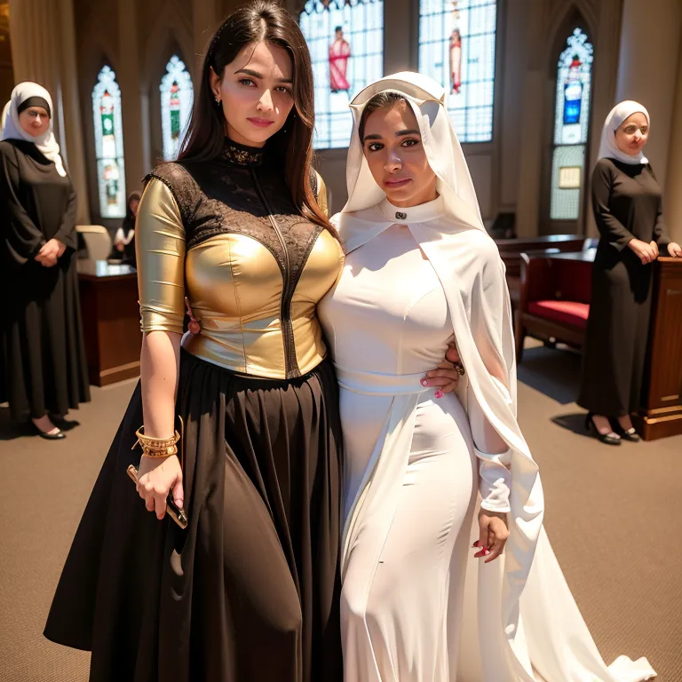 <lora:Arabs_1:0.5>, Arabs,(2women:2),thirties,long hair,messy hair,brown hair,green eyes,beautiful,angry,(aegyo sal),Looking at viewer,huge breasts,huge ass,perfect body,(tan:1.2),(wet:1.1),collar,thigh socks,(silk),nun,corset,Black mini skirt,having sex, blowjob,church,from above,full body,(adult:1.5)