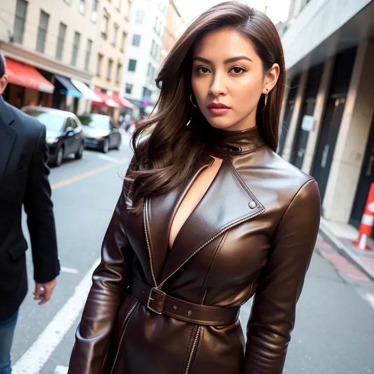 <lora:Chinese:0.45>,woman,twenties,(RAW photo, best quality, masterpiece:1.1), (realistic, photo-realistic:1.2), ultra-detailed, ultra high res, physically-based rendering,slicked back,brown eyes,beautiful,seductive,perfect body,cleavage,earings,leather,long sleeves,trench coat,night,street,(city:1.2), street,front view,Upper body,(adult:1.5)