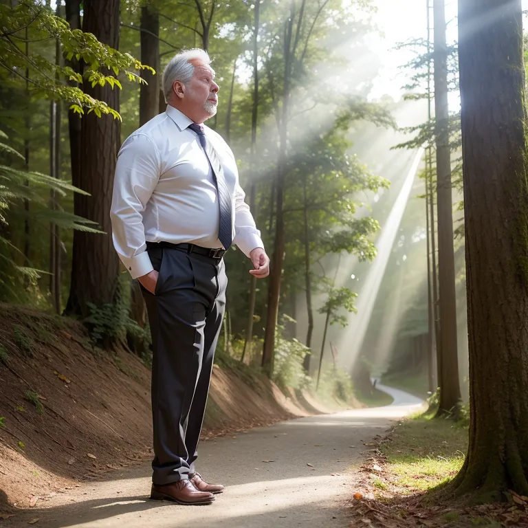 manly man,aging,grey hair,crying,fat,abs,stocking,(silk),suit,white shirt,sleeping,daytime,sun,forest,(rim light:1.5),from side,full body,(adult:1.5)