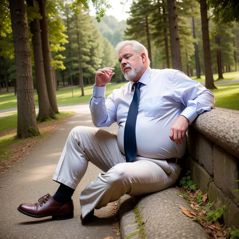 manly man,aging,grey hair,fat,stocking,(silk),suit,sleeping,daytime,sun,forest,(rim light:1.5),from side,full body,(adult:1.5)