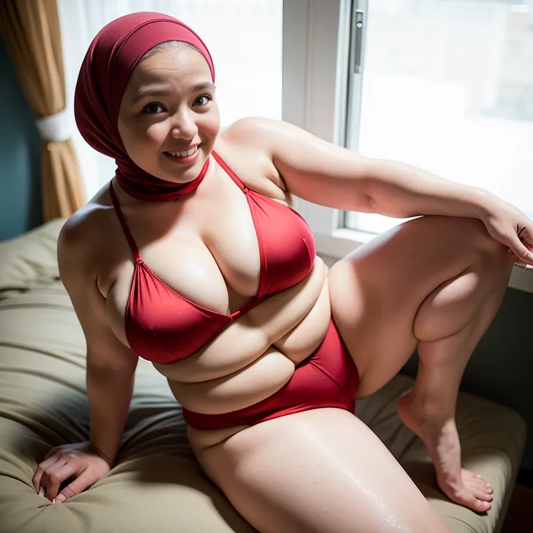 <lora:White_v4:0.3>,white people,woman,aging,(smile),side eye,fat,hijab,(silk),sleeveless,casual clothing,Red bra,spread legs,bedroom,from above,full body,(adult:1.5)