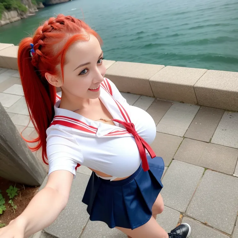 <lora:chinese_4:0.5>,woman,twenties,braided,red hair,blue eyes,(smile),huge breasts,tie,leather,short sleeves,sailor,micro skirt,lake,from above,full body,(adult:1.5)