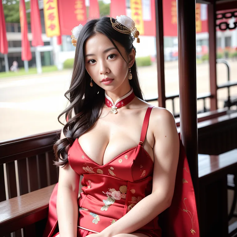 <lora:Chinese5:0.6>,woman,thirties,long hair,spiralcurl,hair behind ear,pouting lips,huge breasts,medium ass,perfect body,necklace,(silk),qipao, chinese clothes,corset,(garter belt, garter straps:1.2),spread legs,daytime,sun,casino,diffuse Lighting,front view,Upper body,(adult:1.5)