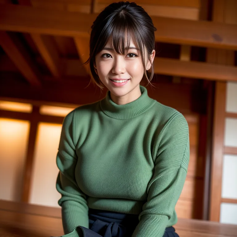 <lora:Japanese5:0.6>, japanese,woman,twenties,(RAW photo, best quality, masterpiece:1.1), (realistic, photo-realistic:1.2), ultra-detailed, ultra high res, physically-based rendering,short hair,hair bun,brown hair,bangs,black eyes,(smile),normal breasts,medium ass,perfect body,long sleeves,traditional clothing,green shirt,(hand on own head:1.2),night,public plaza,diffuse Lighting,full body,(adult:1.5)