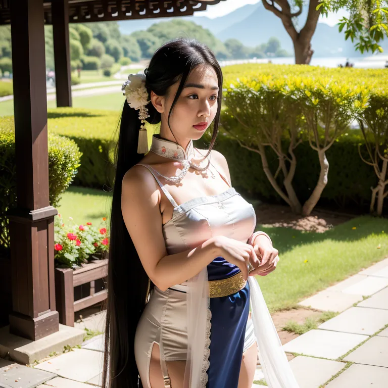 <lora:Chinese5:0.6>,woman,thirties,long hair,spiralcurl,hair behind ear,pouting lips,huge breasts,medium ass,perfect body,necklace,(silk),qipao, chinese clothes,tunic,(garter belt, garter straps:1.2),spread legs,daytime,sun,casino,diffuse Lighting,front view,Upper body,(adult:1.5)