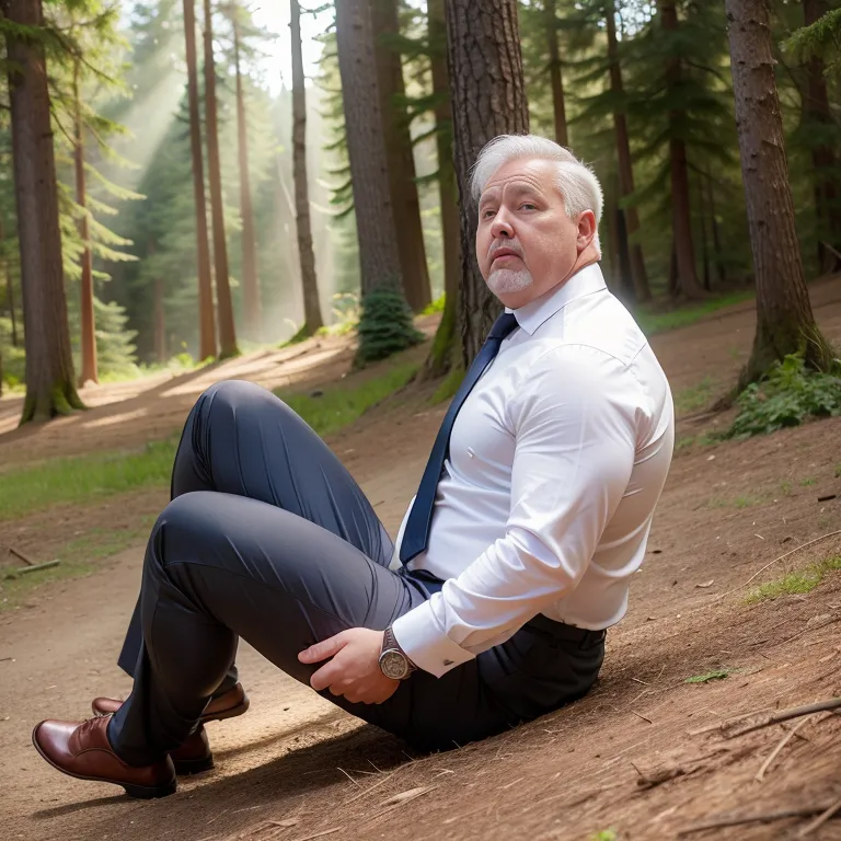 manly man,aging,grey hair,crying,fat,abs,stocking,(silk),suit,white shirt,sleeping,daytime,sun,forest,(rim light:1.5),from side,full body,(adult:1.5)