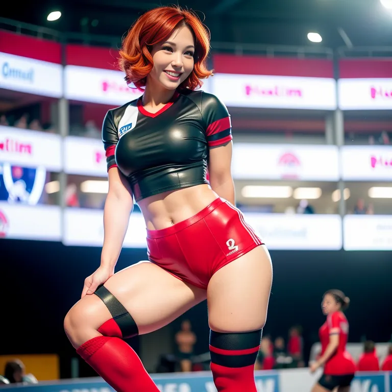 <lora:chinese_4:0.5>,woman,twenties,short hair,spiralcurl,red hair,beautiful,(grin:1.2),huge breasts,perfect body,thigh socks,leather,short sleeves,soccer,sportswear,short shorts,standing,stage,from behind,full body,(adult:1.5)