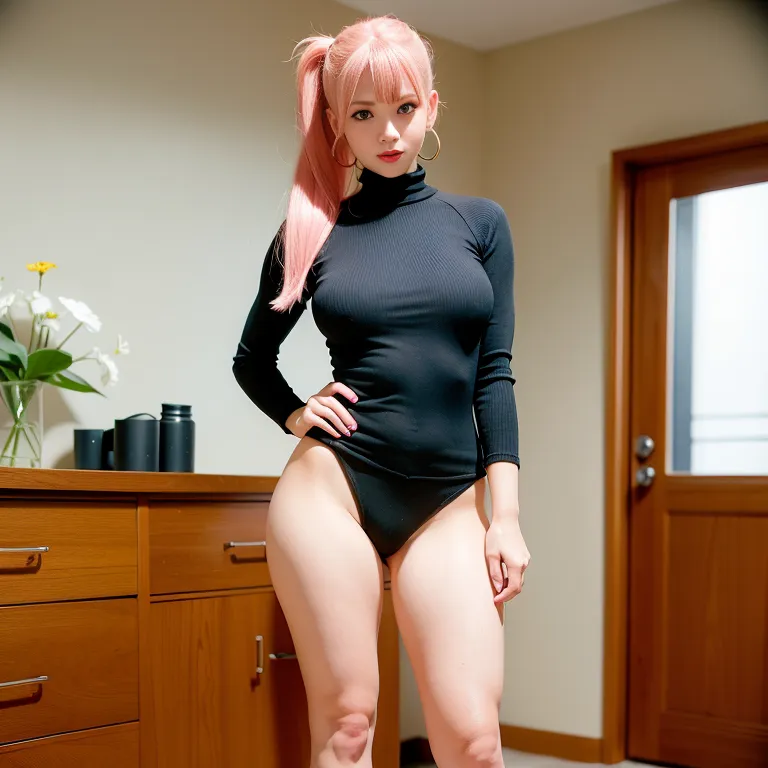 woman,twenties,(RAW photo, best quality, masterpiece:1.1), (realistic, photo-realistic:1.2), ultra-detailed, ultra high res, physically-based rendering,pony tail,pink hair,blue eyes,beautiful,happy,normal breasts,medium ass,collar,high socks,thigh socks,high heels,cleavage,earings,(fabric),short sleeves,sailor,Black sweater,standing,bedroom,front view,full body,(adult:1.5)