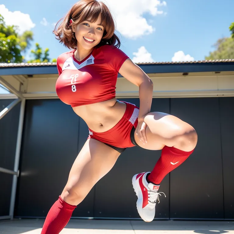 <lora:chinese_4:0.5>,woman,twenties,short hair,spiralcurl,red hair,beautiful,(grin:1.2),huge breasts,perfect body,leather,short sleeves,soccer,sportswear,short shorts,standing,stage,front view,full body,(adult:1.5)