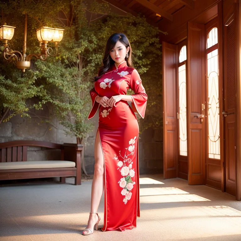 woman,twenties,(RAW photo, best quality, masterpiece:1.1), (realistic, photo-realistic:1.2), ultra-detailed, ultra high res, physically-based rendering,huge breasts,(silk),qipao, chinese clothes,standing,in front of castle,(rim light:1.5),full body,(adult:1.5)