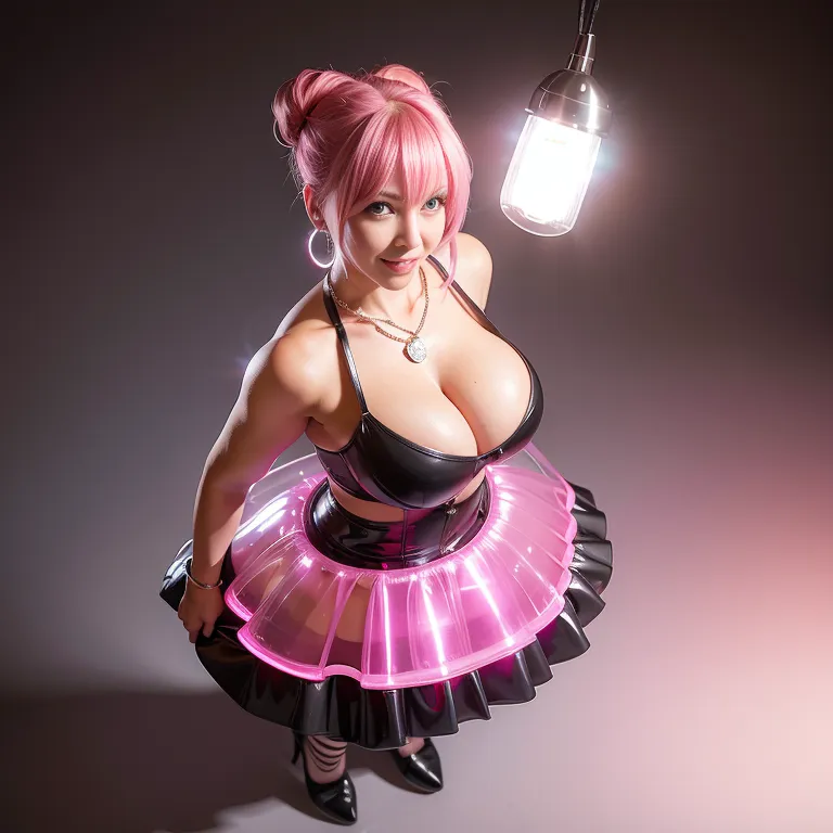 woman,twenties,bun head,pink hair,blue eyes,beautiful,(smile),huge breasts,huge ass,perfect body,necklace,gloves,pantyhose,boots,earings,leather,strapless,Pink dress,Pink long skirt,standing,(rim light:1.5),from above,full body,(adult:1.5)