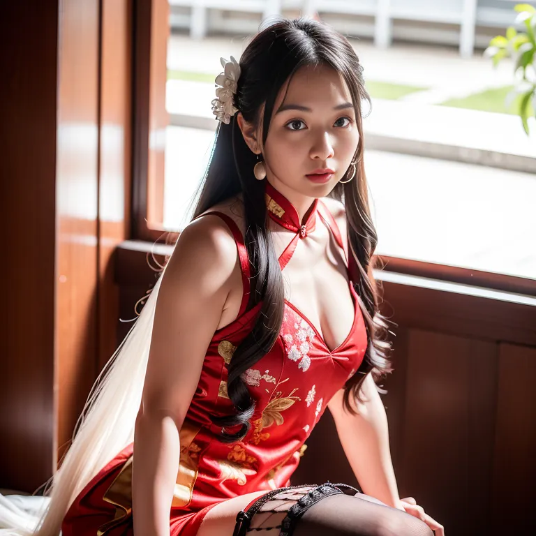 <lora:Chinese5:0.6>,woman,thirties,long hair,spiralcurl,hair behind ear,pouting lips,medium ass,perfect body,necklace,(silk),qipao, chinese clothes,corset,(garter belt, garter straps:1.2),spread legs,daytime,sun,casino,diffuse Lighting,front view,Upper body,(adult:1.5)