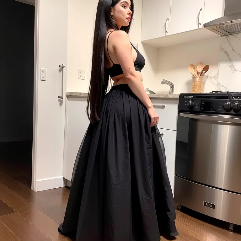 <lora:White2:0.4>,white people,woman,aging,long hair,straight hair,black hair,cool,Looking at viewer,huge breasts,huge ass,perfect body,Black bra,Black long skirt,standing,kitchen,from side,full body,(adult:1.5)