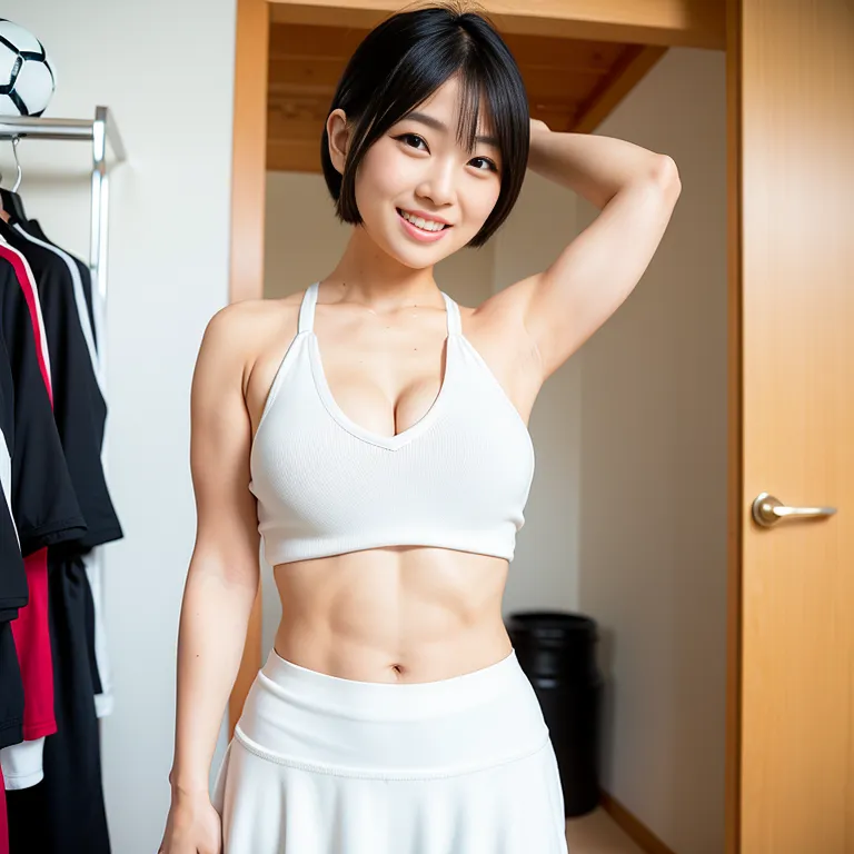 <lora:Japanese:0.35>, japanese,woman,twenties,short hair,black hair,beautiful,(grin:1.2),huge breasts,perfect body,abs,soccer,sportswear,White long skirt,(hand on own head:1.2),(semen:1.2),changing room,front view,(adult:1.5)